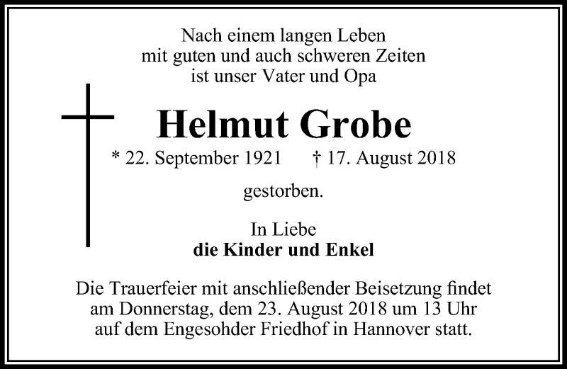  Traueranzeige für Helmut Grobe vom 21.08.2018 aus Hannoversche Allgemeine Zeitung/Neue Presse