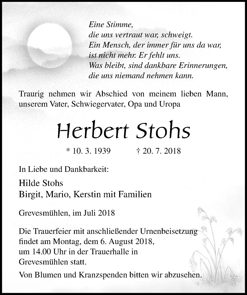  Traueranzeige für Herbert Stohs vom 03.08.2018 aus Ostsee-Zeitung GmbH
