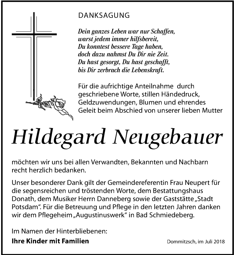  Traueranzeige für Hildegard Neugebauer vom 04.08.2018 aus Torgauer Zeitung