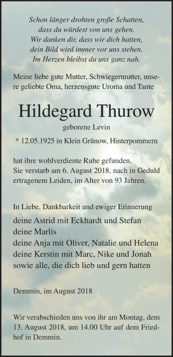 Traueranzeige von Hildegard Thurow von Ostsee-Zeitung GmbH