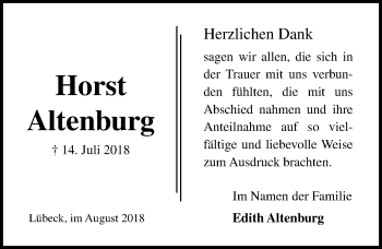 Traueranzeige von Horst Altenburg von Lübecker Nachrichten