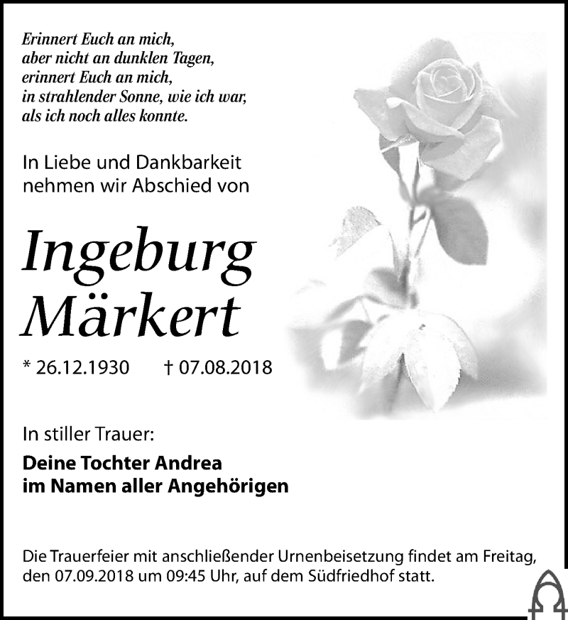  Traueranzeige für Ingeburg Märkert vom 18.08.2018 aus Leipziger Volkszeitung