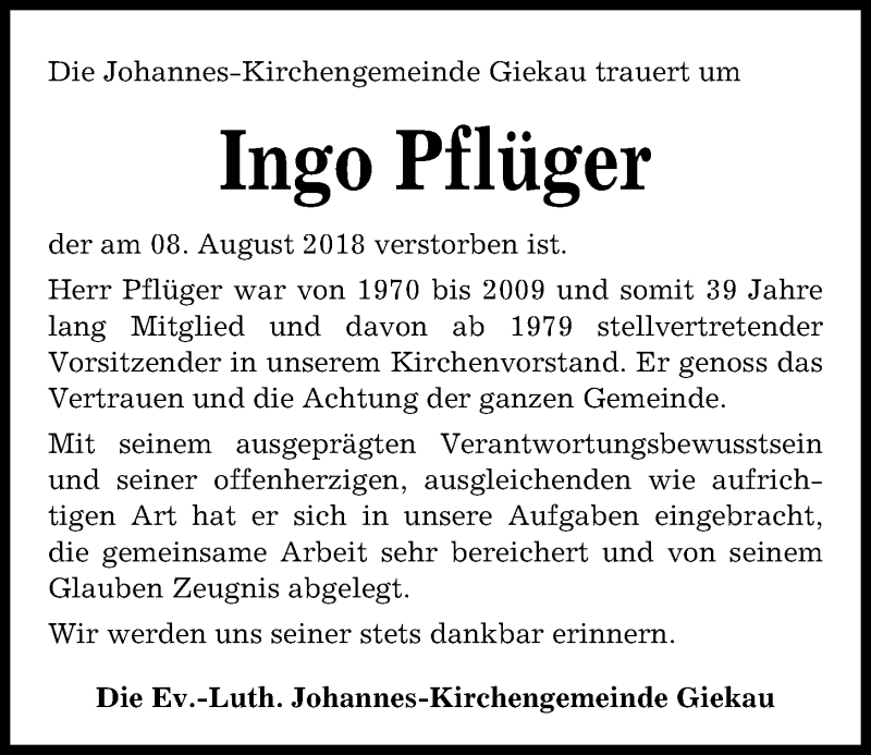  Traueranzeige für Ingo Pflüger vom 11.08.2018 aus Kieler Nachrichten