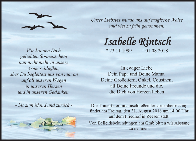  Traueranzeige für Isabelle Rintsch vom 11.08.2018 aus Märkischen Allgemeine Zeitung