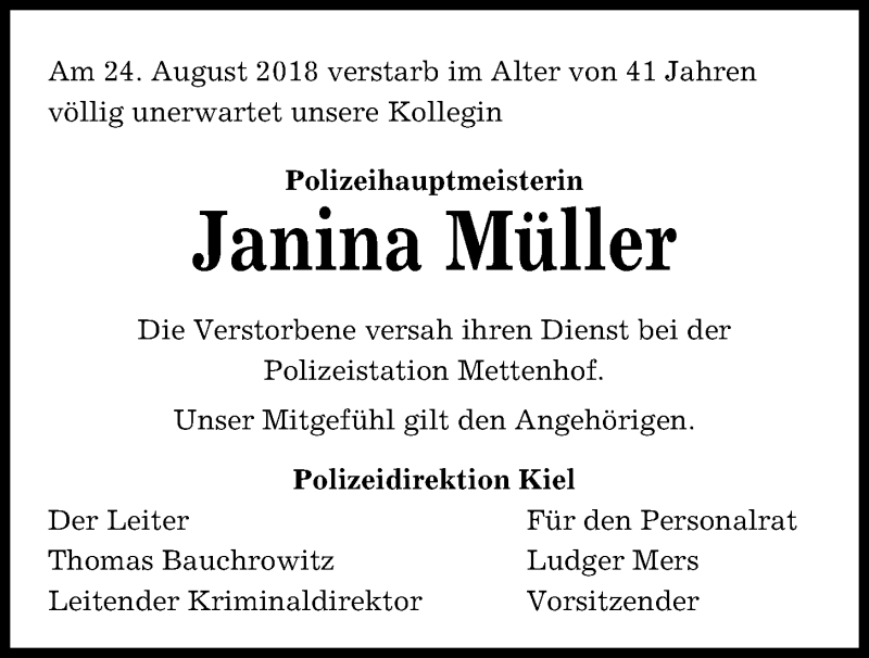  Traueranzeige für Janina Müller vom 01.09.2018 aus Kieler Nachrichten