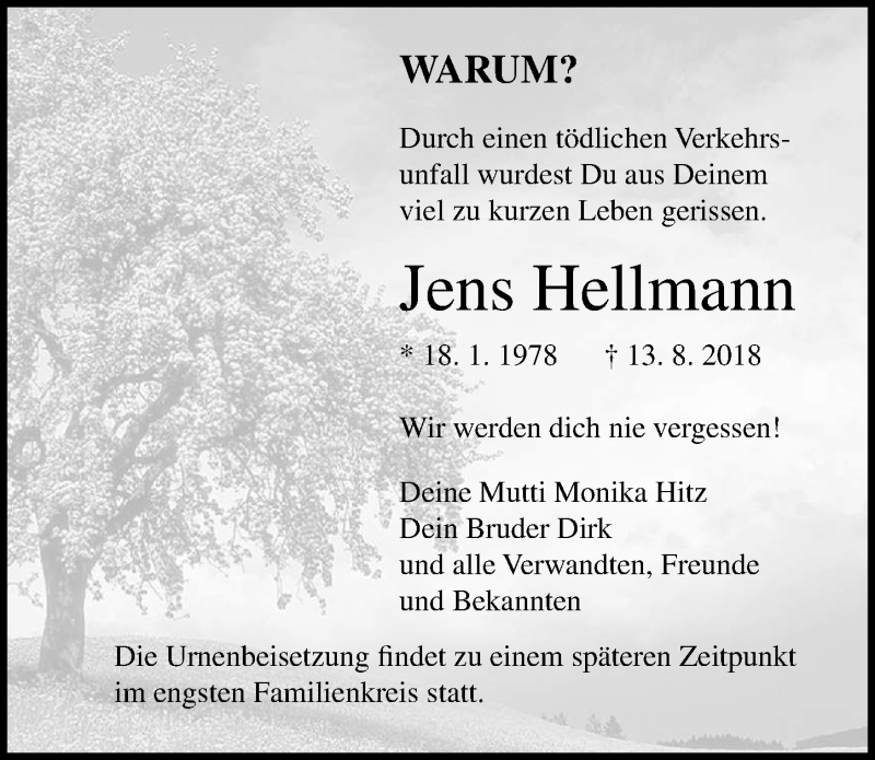  Traueranzeige für Jens Hellmann vom 23.08.2018 aus Ostsee-Zeitung GmbH