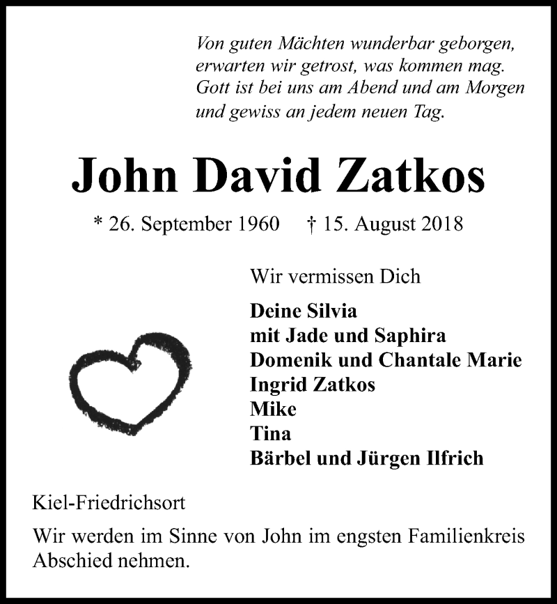  Traueranzeige für John David Zatkos vom 18.08.2018 aus Kieler Nachrichten