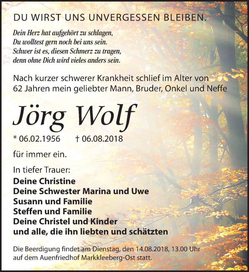  Traueranzeige für Jörg Wolf vom 11.08.2018 aus Leipziger Volkszeitung