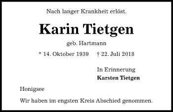 Traueranzeige von Karin Tietgen von Kieler Nachrichten