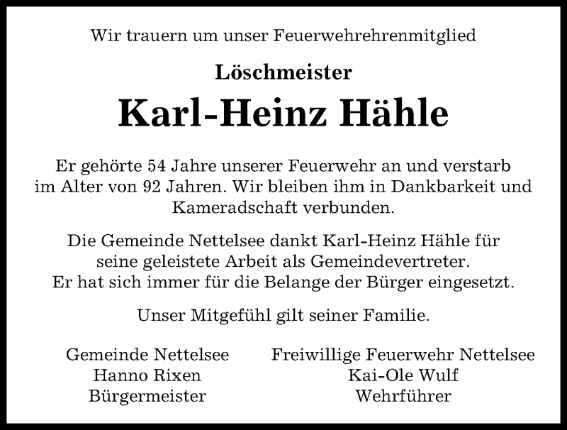  Traueranzeige für Karl-Heinz Hähle vom 04.08.2018 aus Kieler Nachrichten