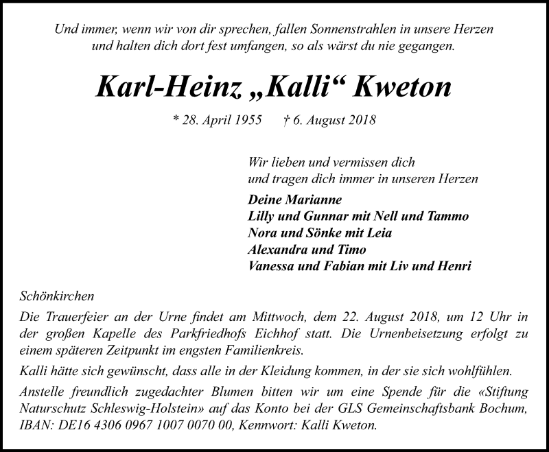  Traueranzeige für Karl-Heinz  Kweton vom 11.08.2018 aus Kieler Nachrichten