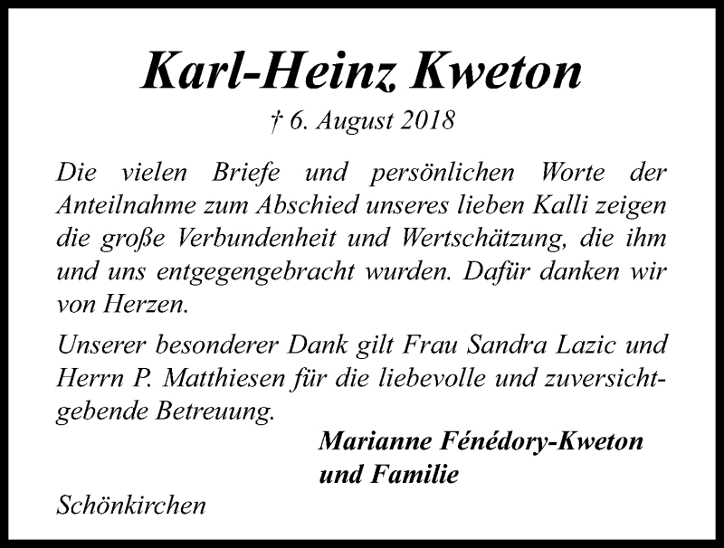  Traueranzeige für Karl-Heinz  Kweton vom 01.09.2018 aus Kieler Nachrichten