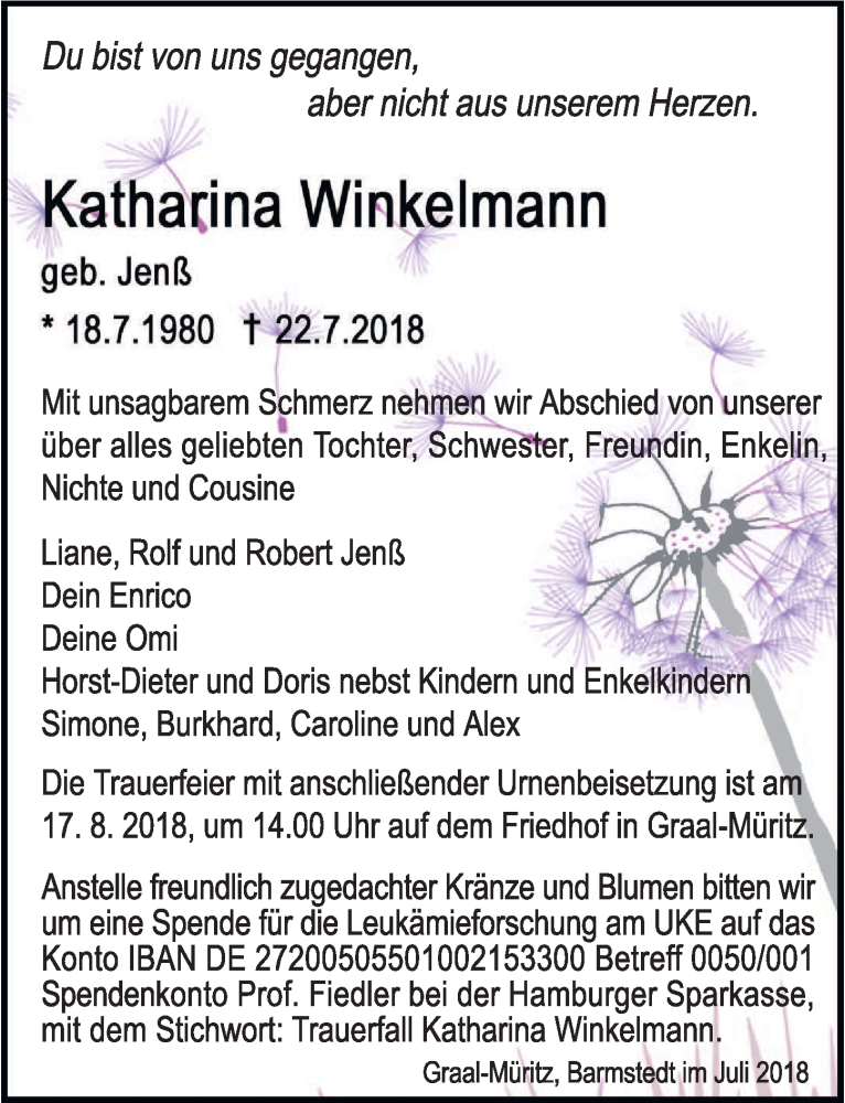  Traueranzeige für Katharina Winkelmann vom 04.08.2018 aus Ostsee-Zeitung GmbH