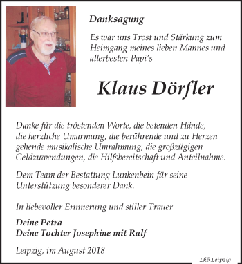 Traueranzeige von Klaus Dörfler von Leipziger Volkszeitung