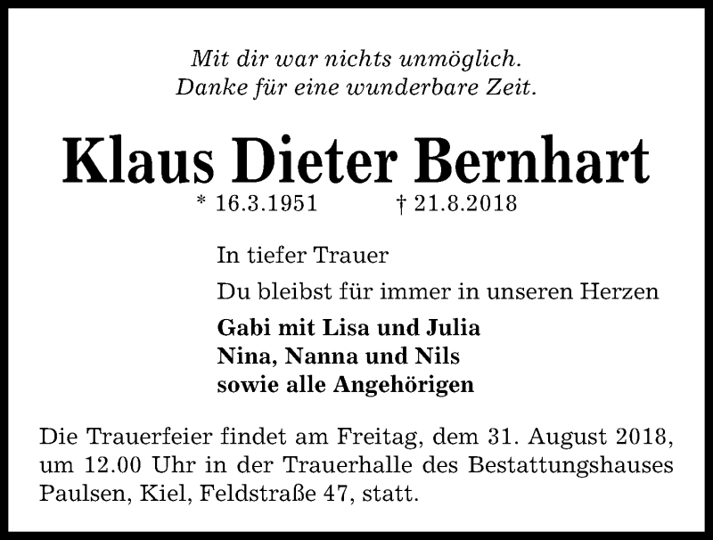  Traueranzeige für Klaus Dieter Bernhart vom 29.08.2018 aus Kieler Nachrichten