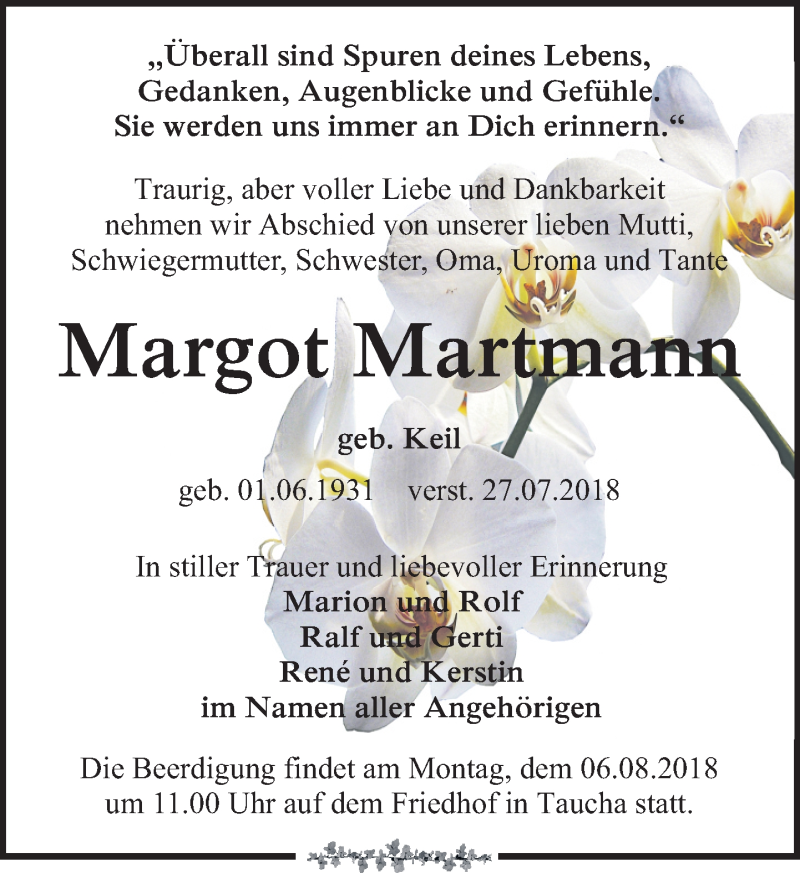  Traueranzeige für Margot Martmann vom 02.08.2018 aus Leipziger Volkszeitung