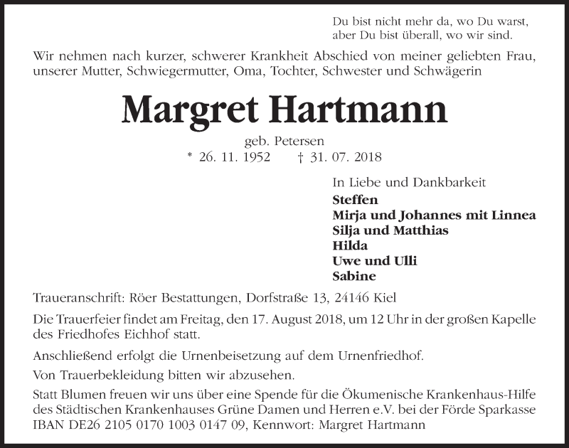  Traueranzeige für Margret Hartmann vom 04.08.2018 aus Kieler Nachrichten