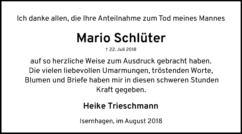  Traueranzeige für Mario Schlüter vom 18.08.2018 aus Hannoversche Allgemeine Zeitung/Neue Presse