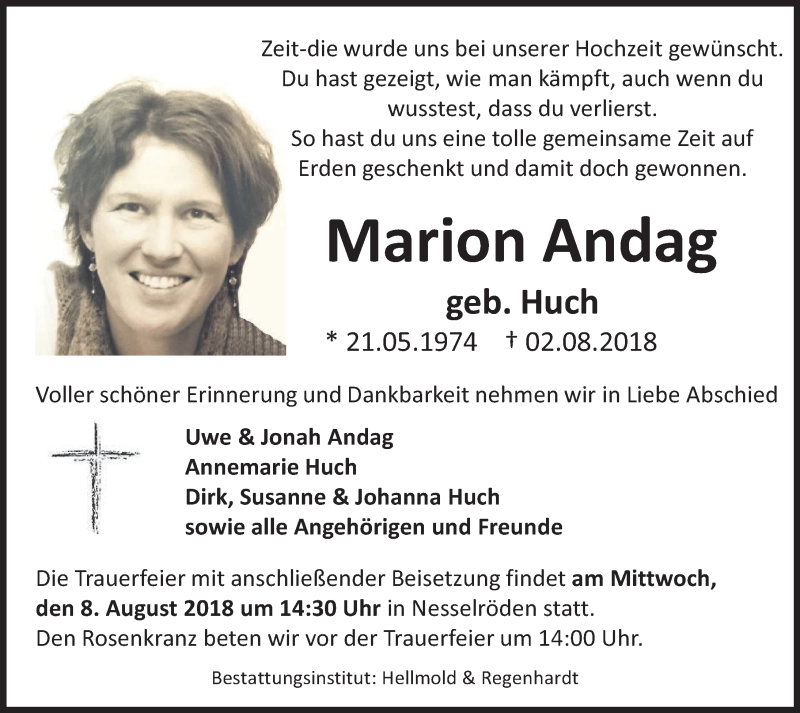  Traueranzeige für Marion Andag vom 04.08.2018 aus Göttinger Tageblatt
