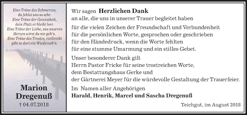  Traueranzeige für Marion Dregenuß vom 18.08.2018 aus Aller Zeitung