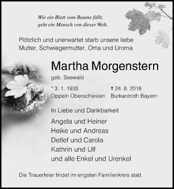 Traueranzeige von Martha Morgenstern von Ostsee-Zeitung GmbH