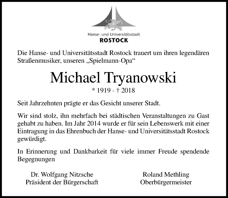  Traueranzeige für Michael Tryanowski vom 04.08.2018 aus Ostsee-Zeitung GmbH