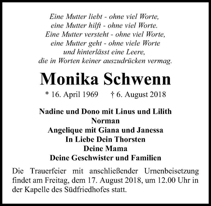  Traueranzeige für Monika Schwenn vom 15.08.2018 aus Kieler Nachrichten