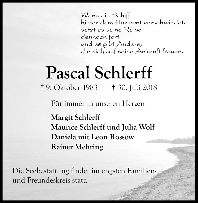  Traueranzeige für Pascal Schlerff vom 11.08.2018 aus Kieler Nachrichten