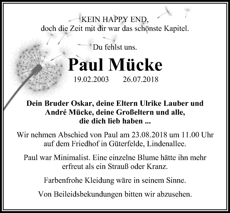 Traueranzeige für Paul Mücke vom 11.08.2018 aus Märkischen Allgemeine Zeitung
