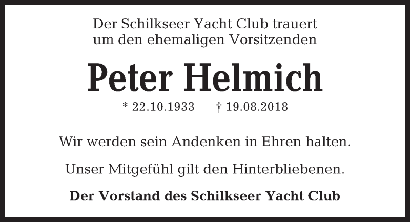  Traueranzeige für Peter Helmich vom 25.08.2018 aus Kieler Nachrichten