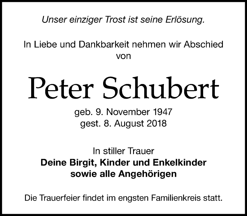  Traueranzeige für Peter Schubert vom 11.08.2018 aus Leipziger Volkszeitung