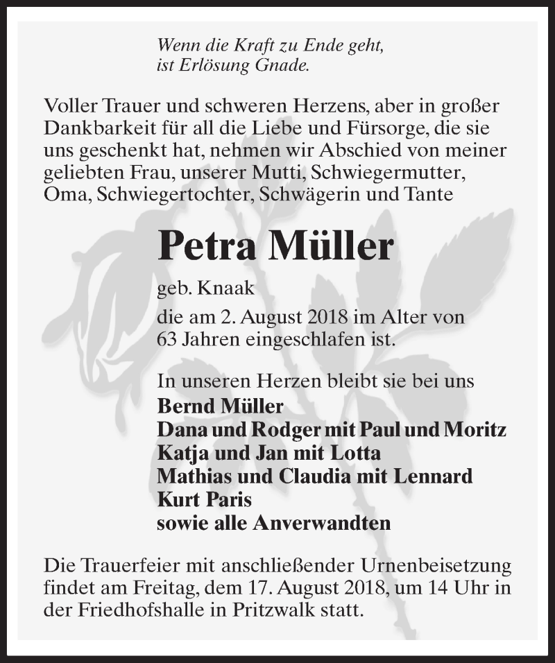  Traueranzeige für Petra Müller vom 11.08.2018 aus Märkischen Allgemeine Zeitung