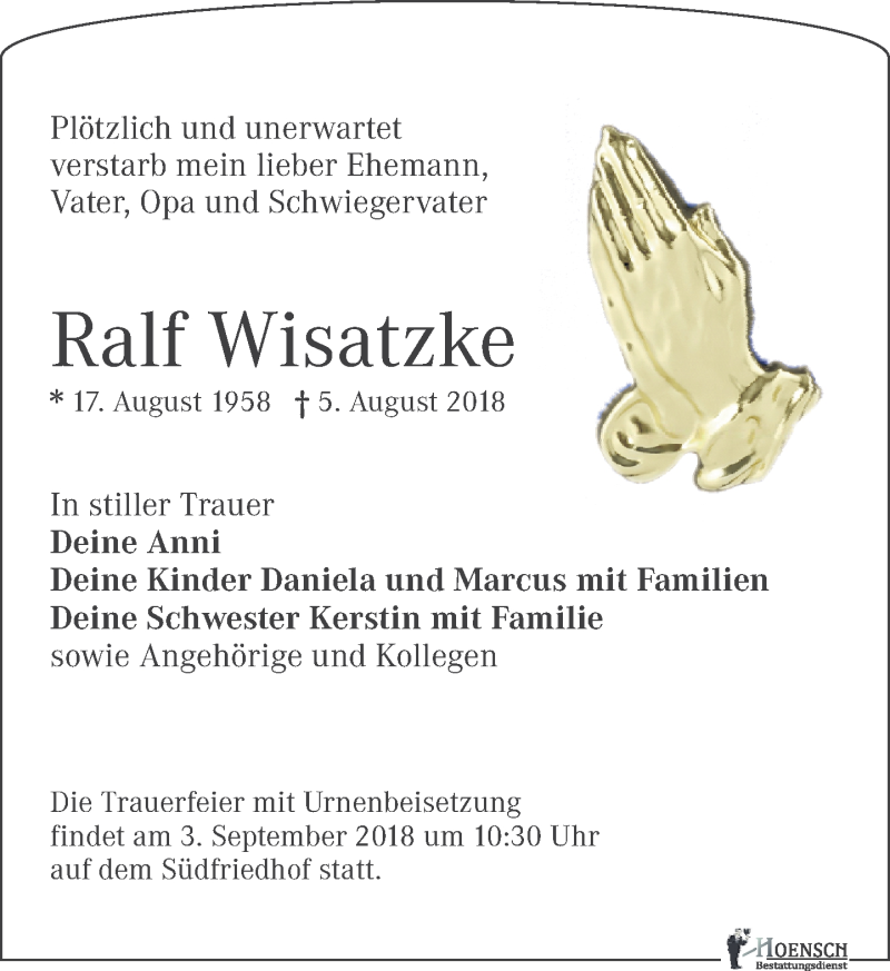  Traueranzeige für Ralf Wisatzke vom 25.08.2018 aus Leipziger Volkszeitung