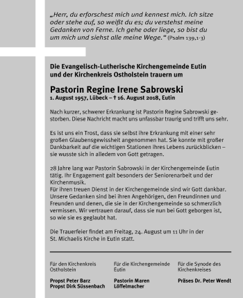 Traueranzeige von Regine Irene Sabrowski von Lübecker Nachrichten