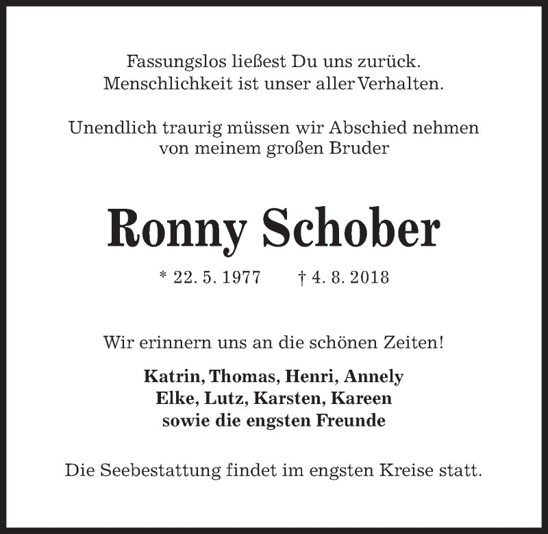  Traueranzeige für Ronny Schober vom 18.08.2018 aus Kieler Nachrichten