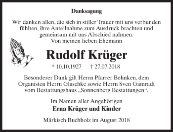 Traueranzeige von Rudolf Krüger von Märkischen Allgemeine Zeitung