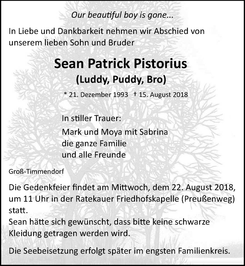  Traueranzeige für Sean Patrick Pistorius vom 19.08.2018 aus Lübecker Nachrichten