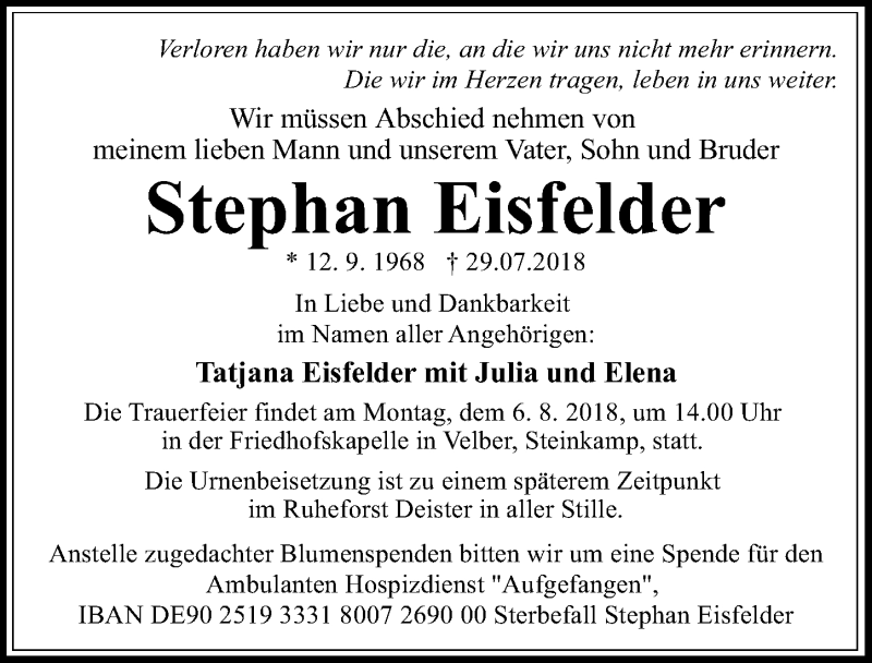 Traueranzeige für Stephan Eisfelder vom 04.08.2018 aus Hannoversche Allgemeine Zeitung/Neue Presse