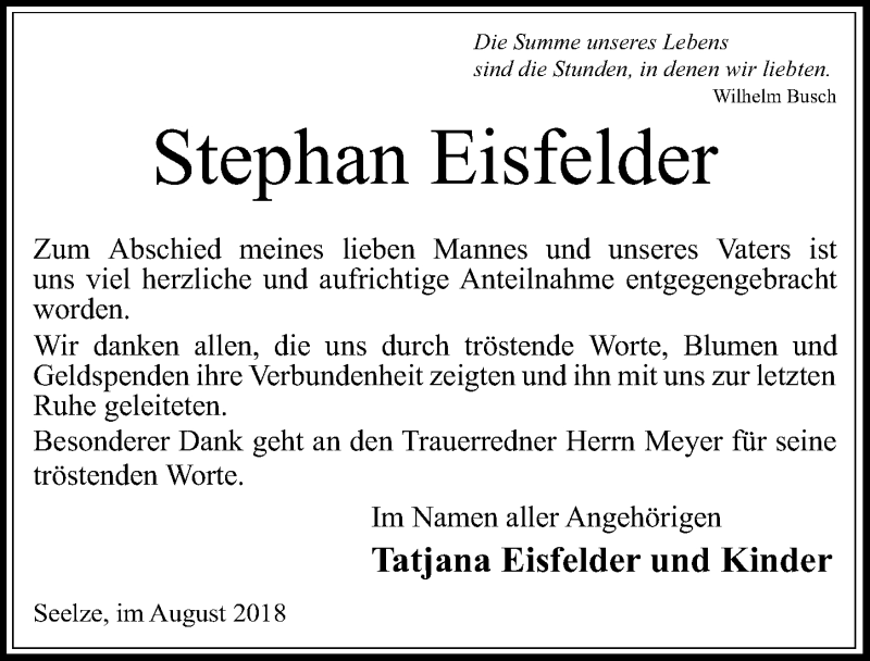  Traueranzeige für Stephan Eisfelder vom 11.08.2018 aus Hannoversche Allgemeine Zeitung/Neue Presse