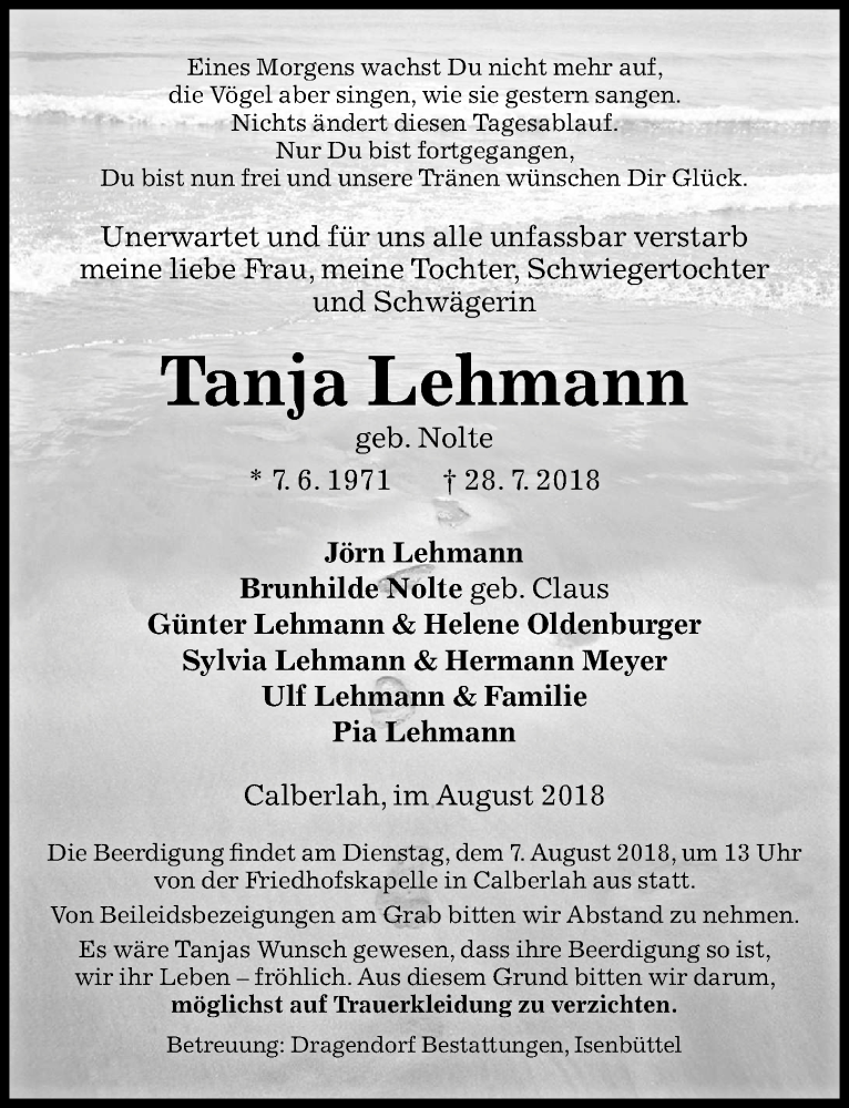  Traueranzeige für Tanja Lehmann vom 04.08.2018 aus Aller Zeitung