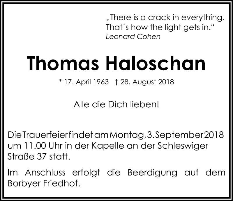  Traueranzeige für Thomas Haloschan vom 31.08.2018 aus Kieler Nachrichten