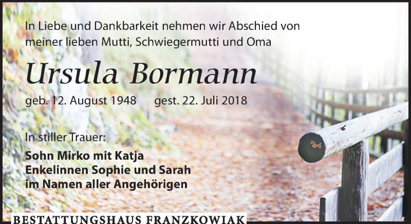  Traueranzeige für Ursula Bormann vom 04.08.2018 aus Leipziger Volkszeitung