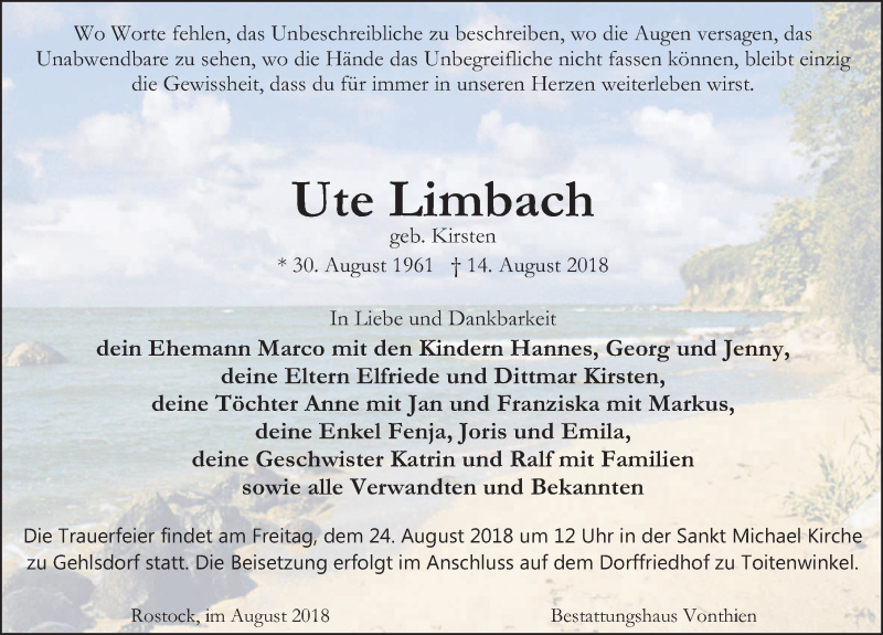  Traueranzeige für Ute Limbach vom 18.08.2018 aus Ostsee-Zeitung GmbH