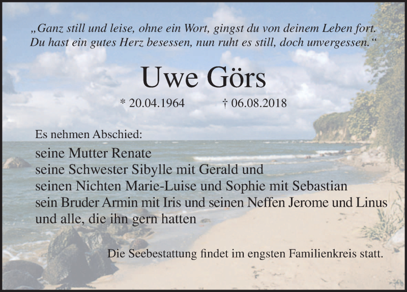  Traueranzeige für Uwe Görs vom 11.08.2018 aus Ostsee-Zeitung GmbH