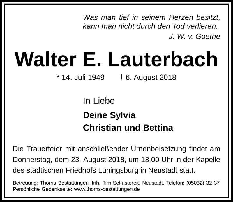  Traueranzeige für Walter E. Lauterbach vom 18.08.2018 aus 