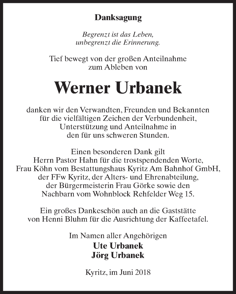  Traueranzeige für Werner Urbanek vom 04.08.2018 aus Märkischen Allgemeine Zeitung