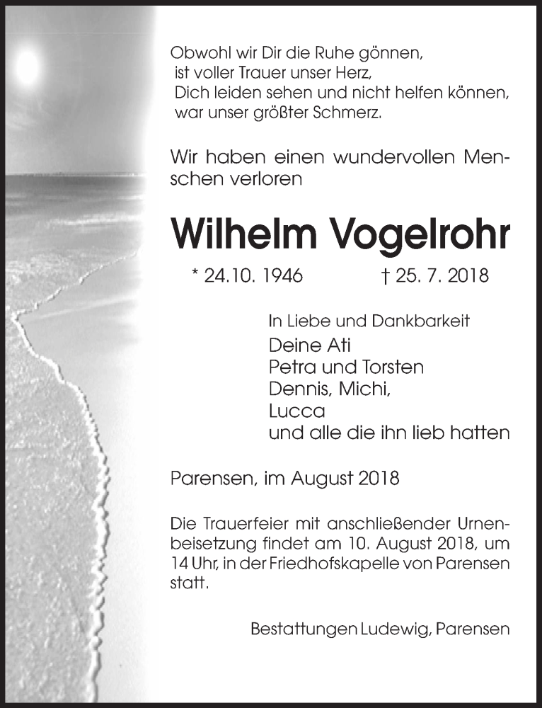  Traueranzeige für Wilhelm Vogelrohr vom 04.08.2018 aus Göttinger Tageblatt