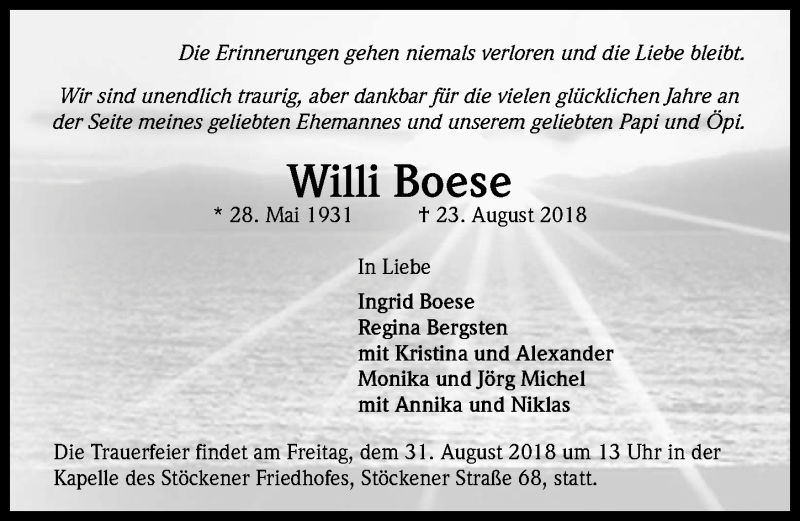  Traueranzeige für Willi Boese vom 29.08.2018 aus Hannoversche Allgemeine Zeitung/Neue Presse
