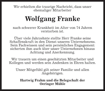 Traueranzeige von Wolfgang Franke von Kieler Nachrichten
