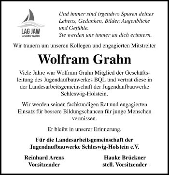 Traueranzeige von Wolfram Grahn von Lübecker Nachrichten